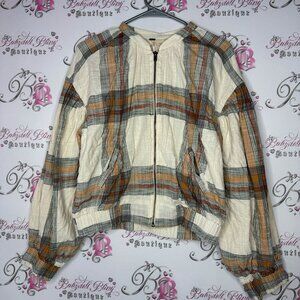 free people mattie plaid farmcore cotton bomber jacket white brown puff sleeve